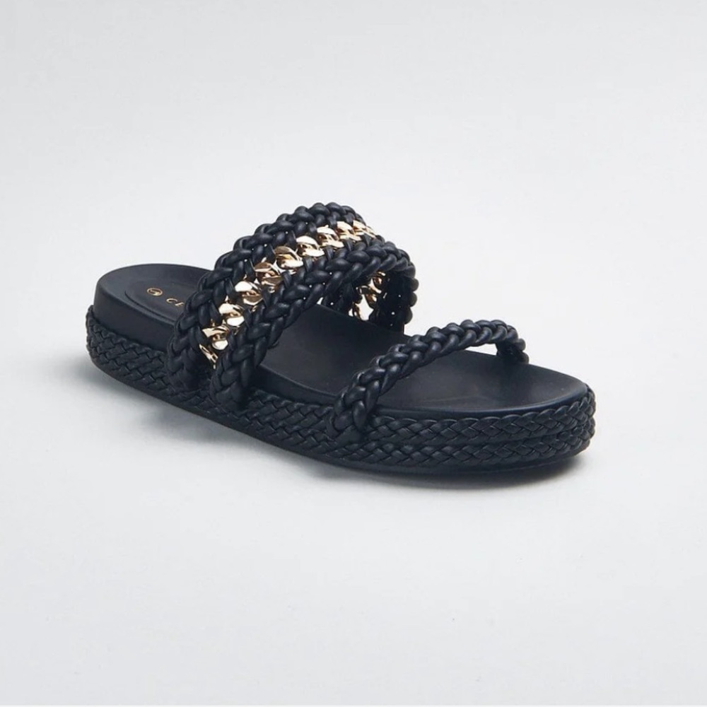 CECELIA NEW YORK Black and Gold Braided Slide Sandals
